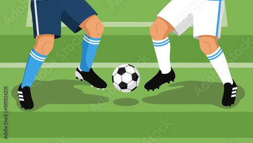 Soccer match action scene featuring players competing for the ball on field