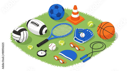 Diverse sports equipment set on grass in isometric style
