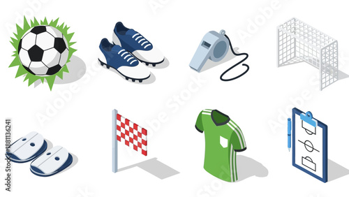Isometric soccer elements: ball, shoes, whistle, goal, and more for game enthusiasts