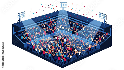 Isometric concert arena with crowd cheering under bright stage lights