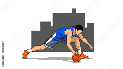 Dynamic basketball player dribbling in urban outline