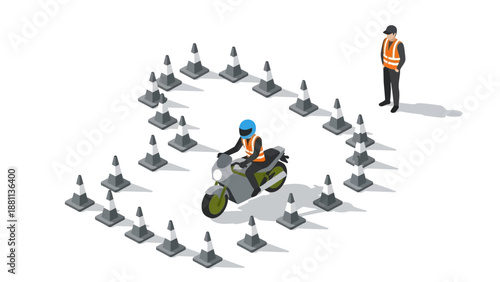 Motorcyclist navigating traffic cones with safety instructor in isometric style