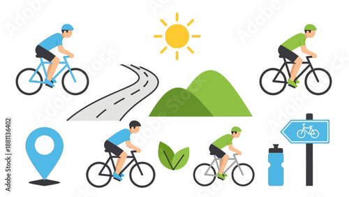 Cycling journey: flat style bikers, road, and nature elements
