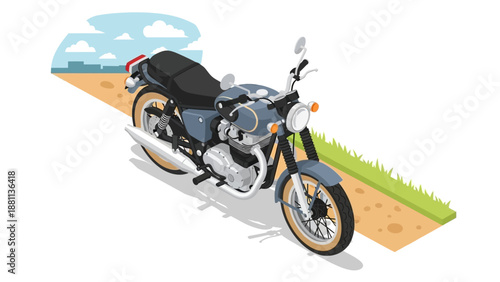 Classic motorcycle on countryside path with clear sky in isometric style