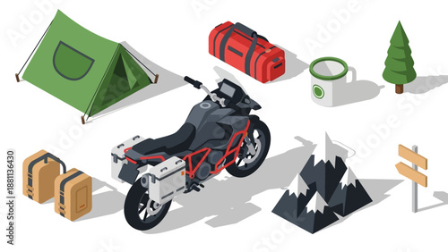 Isometric adventure: motorcycle camping with mountains, tent, and travel gear