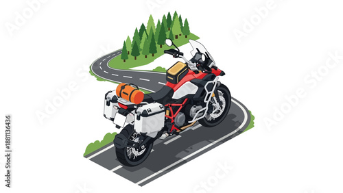 Adventure touring motorcycle on curved road with scenic landscape in isometric style