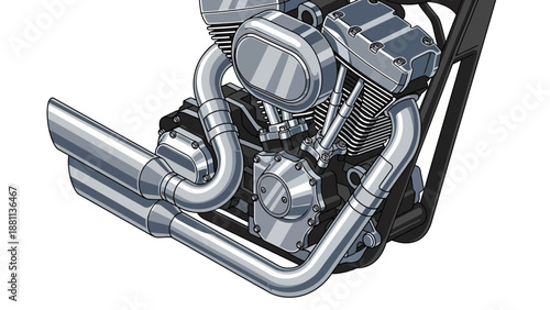 Detailed close-up of a motorcycle engine with chrome accents in isometric design
