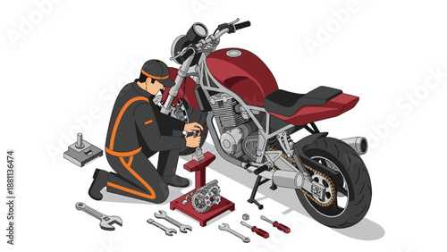 Isometric garage scene: mechanic repairing motorcycle with tools