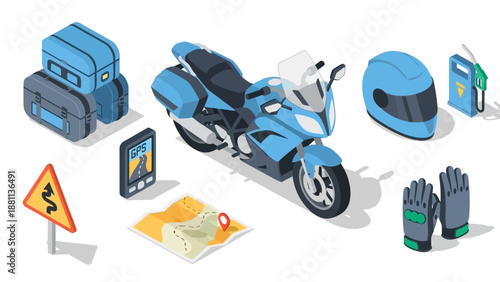 Isometric motorcycle gear and gps navigation set with travel accessories