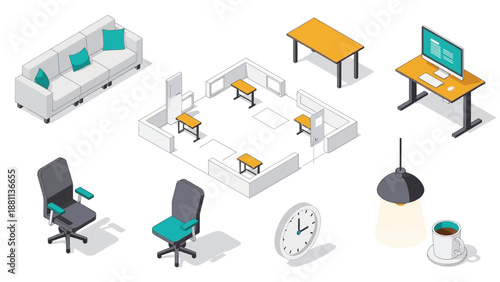 Isometric office furniture layout with desk, chairs, sofa, and clock elements for interior design