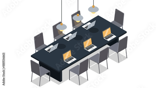 Modern office meeting room with laptops on conference table and hanging lamps
