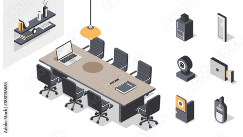 Modern office meeting room setup with isometric conference table and technology elements