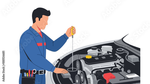 Mechanic checking car engine oil in flat design illustration
