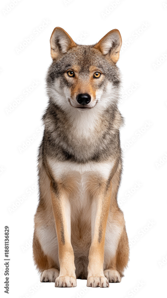 Fototapeta premium Realistic Portrait of a Majestic Wolf Sitting Upright Against a White Background