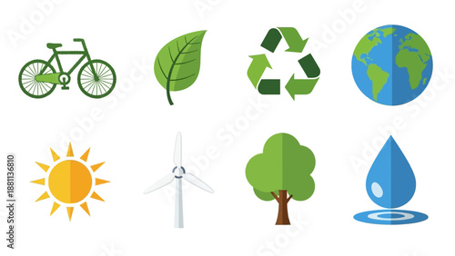 Eco-friendly icons set featuring nature and sustainability themes
