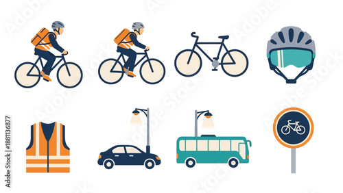 Urban cycling essentials: bicycles, safety gear, and commuting icons