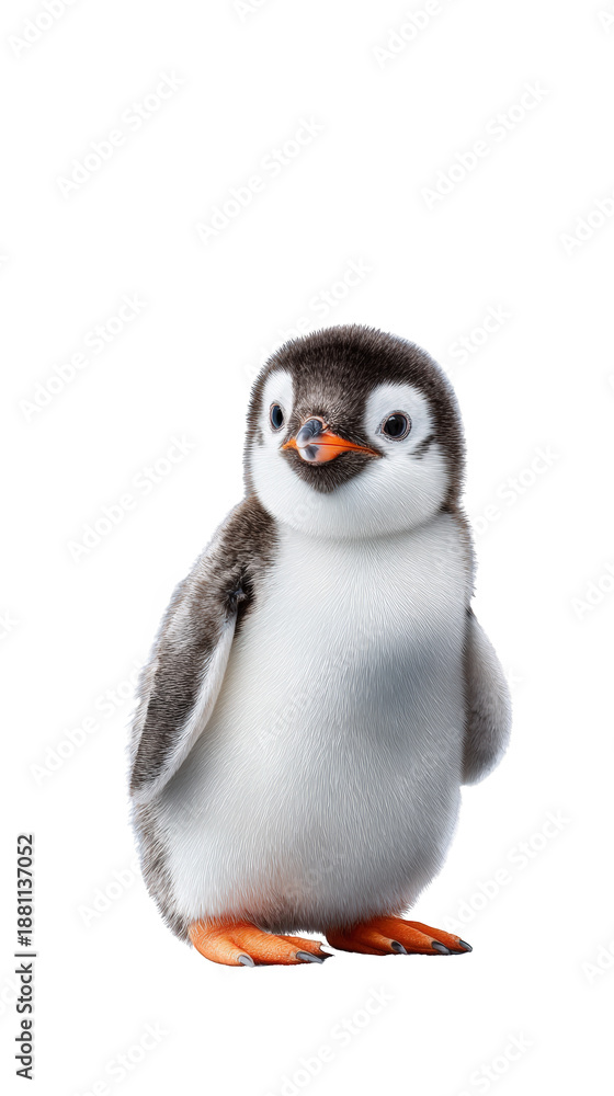 Fototapeta premium Adorable baby penguin standing upright with fluffy feathers and bright orange feet against a plain background