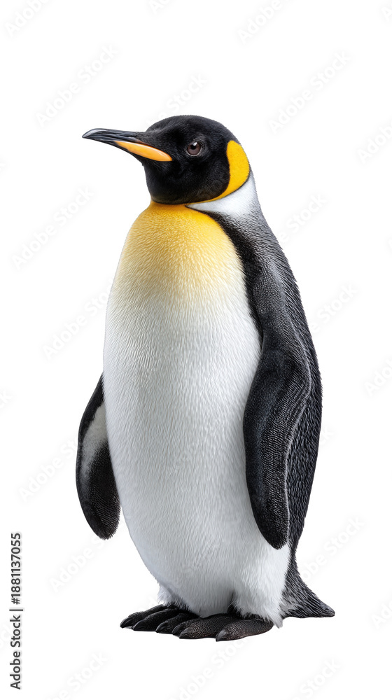 Obraz premium Majestic Emperor Penguin Standing Upright with Vibrant Yellow and Black Coloring on a White Background