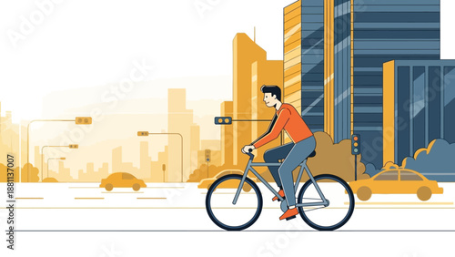 Urban commuter biking through cityscape in morning light