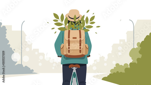 Urban cycling adventure: flat style rider with backpack and hat