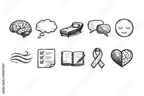 A set of hand-drawn mental health icons, rendered in black and white sketch style, depicting therapy, brain health, mindfulness and positive thinking.