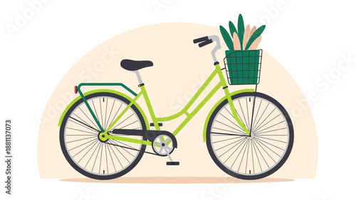 Green bicycle with basket on arch background for eco-friendly urban travel