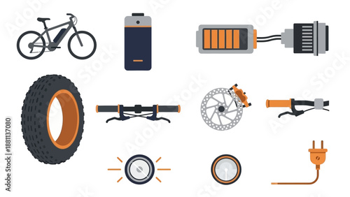 Electric bicycle parts: battery, motor, brake, tire, handlebar, plug in flat design