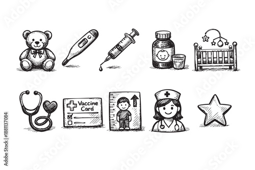 Hand-drawn childcare icons display medical, growth, and baby care items like a stethoscope, thermometer, vaccination, toys, and a height chart in black and white.