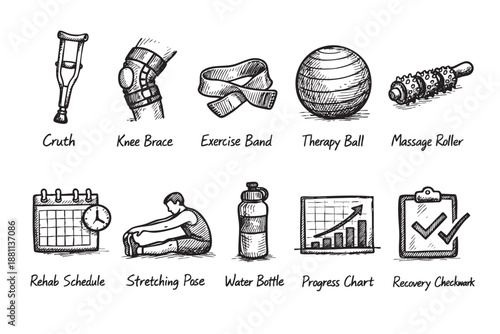 A sketch illustration of various rehab equipment including a crutch, knee brace, exercise band, and therapy ball ideal for infographics.