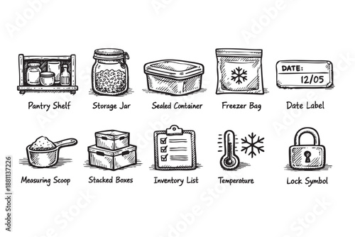 Hand-drawn style illustration showing storage and organization icons, including a pantry shelf, freezer bag and measuring scoop for cooking, isolated on white.