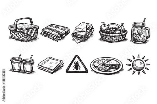 Black and white sketch illustration of picnic items: a basket, blanket, wrap, fruit, lemonade, cups, napkins, an ant sign, lunch and the sun.