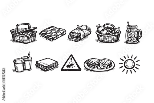 A sketched illustration shows picnic elements including a basket, blanket, wrapped sandwich, fruit, drink, coffee, napkins, ant warning sign, food, and sun.