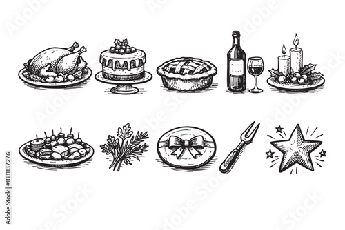 A black and white sketch illustration showcases holiday feast elements, including a turkey, pie, cake, wine, candles, hors d'oeuvres, parsley, gift, fork and star.
