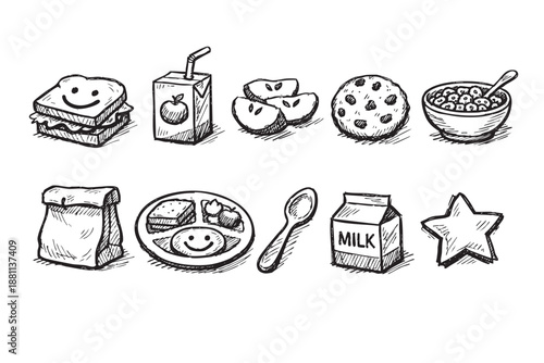 Black and white hand drawn sketch of school lunch food items, including a sandwich, apple juice, apple slices, cookie, cereal, lunch bag, plate, spoon, milk, and star.