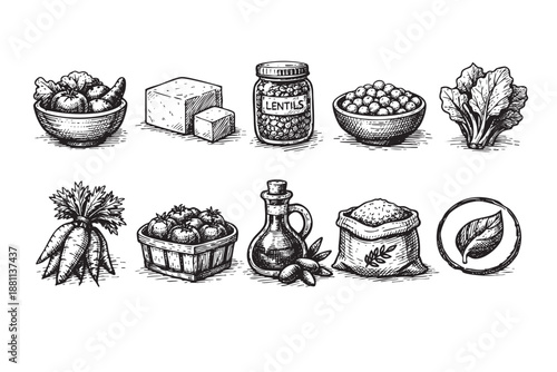 Hand-drawn illustration featuring groceries: vegetables, lentils, olive oil, and more, isolated on a white background, ideal for culinary or food-related designs.