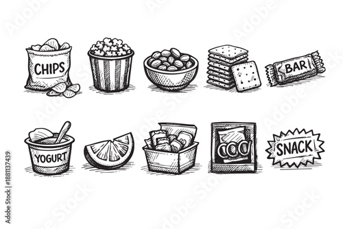 Hand-drawn vector illustrations of various snack foods on a white background, great for recipes, menus, or packaging designs.