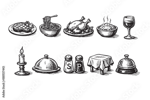 Hand-drawn vector illustration featuring restaurant themed food and service icons against a white background for menu design or restaurant related promotional materials.