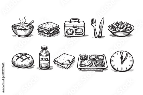Sketch illustration featuring a lunch set, including sandwich, soup, juice, and clock, rendered in black and white with detailed linework. Use for school, nutrition, healthy eating concepts.