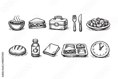 Hand drawn sketch of lunch set including soup, sandwich, salad, juice, and clock to represent lunch time for school, work, or a picnic.