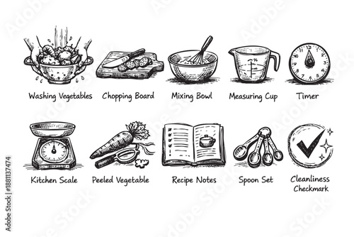 Hand-drawn sketch features kitchen tools like a mixing bowl, timer, and measuring spoons, creating a warm, vintage feel for cooking guides or food blogs.