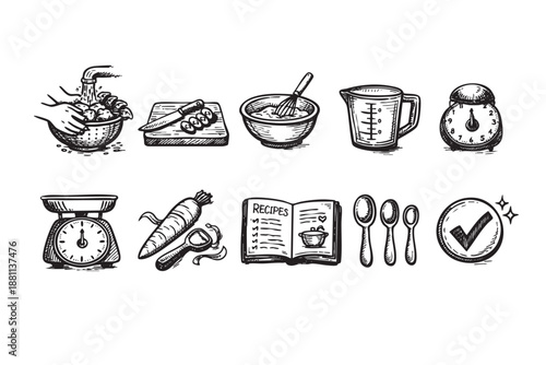 Hand drawn sketch illustration of kitchen and cooking utensils isolated on white backdrop, featuring food preparation and measuring tools in a vintage aesthetic.