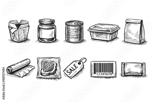Hand-drawn sketch depicting various packaging and retail elements, including a takeout box, jar, tin can, container, paper bag, aluminum foil, packaged food, sale tag, barcode, and candy wrapper.