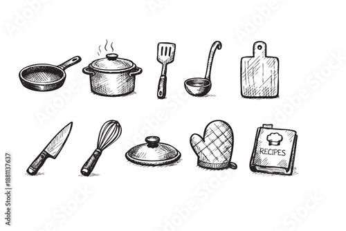 Hand-drawn kitchen utensil sketch illustration features a pan, pot, spatula, and other culinary tools, evoking a vintage and artistic feel perfect for cookbooks.