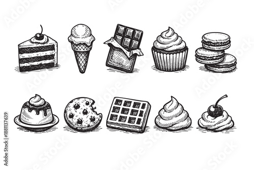 A collection of hand-drawn desserts including cake, ice cream, chocolate, cupcake, macarons, pudding, cookie, waffle, and cream, all in black and white on a clean white background.