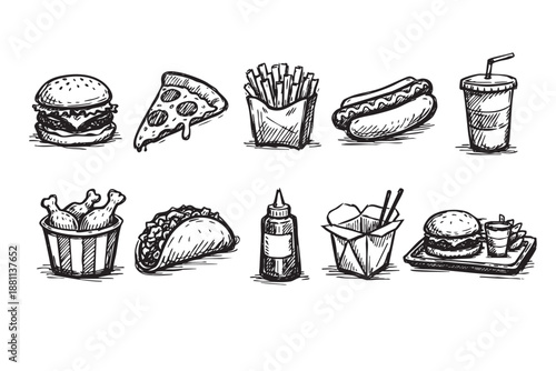 A black and white sketch of classic fast food items like burger, pizza, and fries, creating a fun, hand-drawn aesthetic ideal for menus.