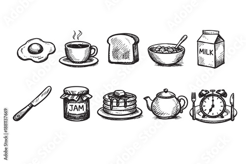 Black and white drawing featuring breakfast foods like pancakes, egg, milk, coffee, and cereal, perfect for a menu or advertisement.