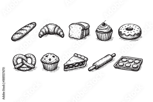 Hand-drawn sketch illustration of assorted baked goods, including bread, croissant, donut, pie, cookies, and a rolling pin, isolated on a white background.