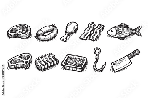 This hand-drawn illustration features a variety of meats and fish, including steak, sausage, chicken, bacon, and whole fish, rendered in a classic sketch style.