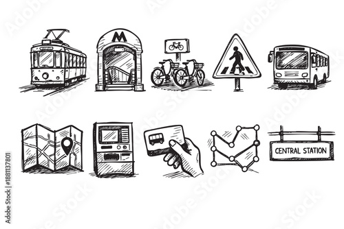 Black and white sketchy illustration depicting public transport options, including bus, tram, metro, bicycle, map, and train station. Suitable for travel, city life, and commute themes.