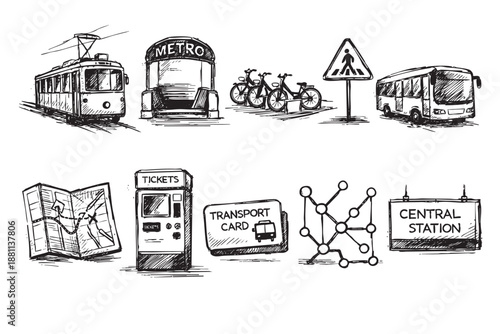 A hand-drawn sketch illustration of different modes of public transport and elements of a city transit system on a white background.